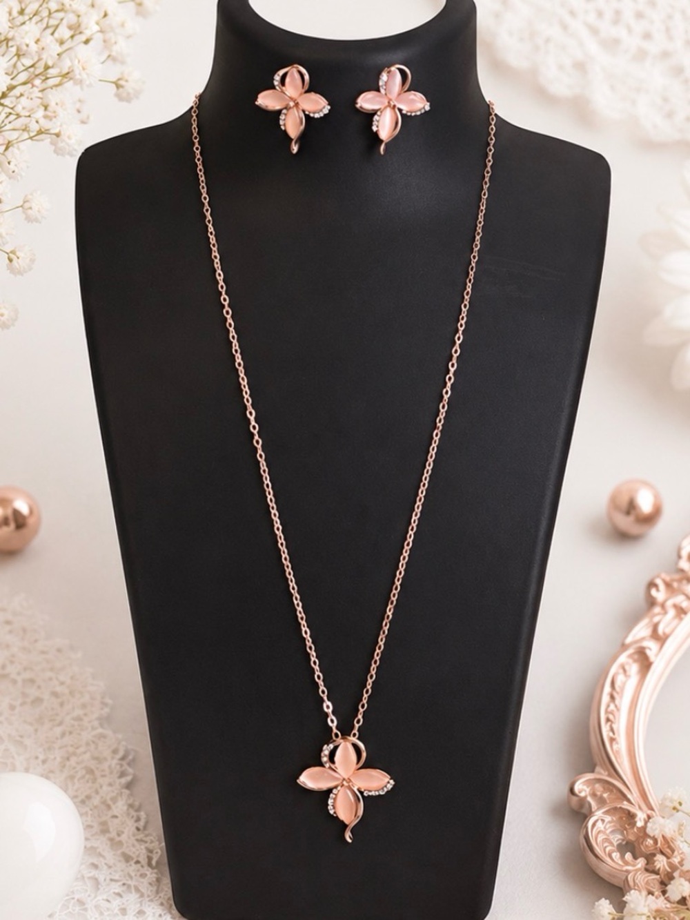 Rose Gold Tone Floral Pendant Necklace and Earrings Set